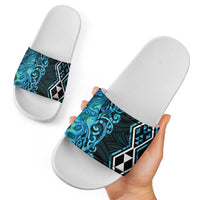 Turquoise Aotearoa Slide Sandals Taniko Motifs With Paua Shell Kowhaiwhai - Polynesian Pride