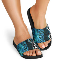 Turquoise Aotearoa Slide Sandals Taniko Motifs With Paua Shell Kowhaiwhai - Polynesian Pride