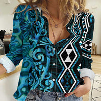 Turquoise Aotearoa Women Casual Shirt Taniko Motifs With Paua Shell Kowhaiwhai