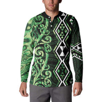 Green Aotearoa Button Sweatshirt Taniko Motifs With Paua Shell Kowhaiwhai LT14 - Polynesian Pride