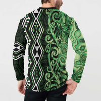 Green Aotearoa Button Sweatshirt Taniko Motifs With Paua Shell Kowhaiwhai LT14 - Polynesian Pride