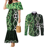 Green Aotearoa Couples Matching Mermaid Dress and Long Sleeve Button Shirt Taniko Motifs With Paua Shell Kowhaiwhai