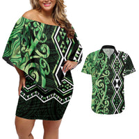 Green Aotearoa Couples Matching Off Shoulder Short Dress and Hawaiian Shirt Taniko Motifs With Paua Shell Kowhaiwhai