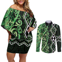 Green Aotearoa Couples Matching Off Shoulder Short Dress and Long Sleeve Button Shirt Taniko Motifs With Paua Shell Kowhaiwhai