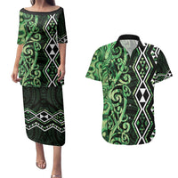 Green Aotearoa Couples Matching Puletasi and Hawaiian Shirt Taniko Motifs With Paua Shell Kowhaiwhai