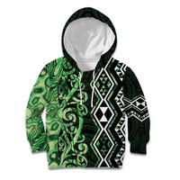 Green Aotearoa Kid Hoodie Taniko Motifs With Paua Shell Kowhaiwhai