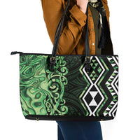Green Aotearoa Leather Tote Bag Taniko Motifs With Paua Shell Kowhaiwhai LT14 - Polynesian Pride