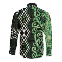 Green Aotearoa Long Sleeve Button Shirt Taniko Motifs With Paua Shell Kowhaiwhai