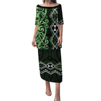 Green Aotearoa Puletasi Taniko Motifs With Paua Shell Kowhaiwhai LT14 Long Dress Green - Polynesian Pride