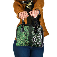 Green Aotearoa Shoulder Handbag Taniko Motifs With Paua Shell Kowhaiwhai