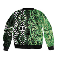 Green Aotearoa Sleeve Zip Bomber Jacket Taniko Motifs With Paua Shell Kowhaiwhai