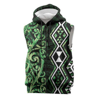 Green Aotearoa Sleeveless Zip Hoodie Taniko Motifs With Paua Shell Kowhaiwhai LT14 Green - Polynesian Pride