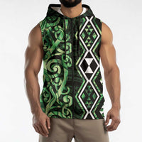 Green Aotearoa Sleeveless Zip Hoodie Taniko Motifs With Paua Shell Kowhaiwhai LT14 - Polynesian Pride