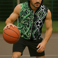 Green Aotearoa Sleeveless Zip Hoodie Taniko Motifs With Paua Shell Kowhaiwhai - Polynesian Pride