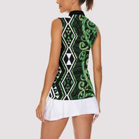 Green Aotearoa Women Sleeveless Polo Shirt Taniko Motifs With Paua Shell Kowhaiwhai