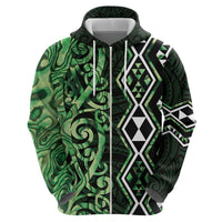 Green Aotearoa Zip Hoodie Taniko Motifs With Paua Shell Kowhaiwhai