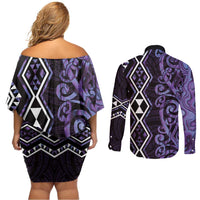 Purple Aotearoa Couples Matching Off Shoulder Short Dress and Long Sleeve Button Shirt Taniko Motifs With Paua Shell Kowhaiwhai