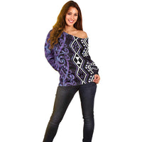 Purple Aotearoa Off Shoulder Sweater Taniko Motifs With Paua Shell Kowhaiwhai