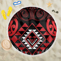 Aotearoa Kiwi Taniko Beach Blanket Silver Fern With Maori Koru Pattern LT14 One Size 150cm Red - Polynesian Pride