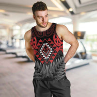 Aotearoa Kiwi Taniko Men Tank Top Silver Fern With Maori Koru Pattern LT14 Red - Polynesian Pride