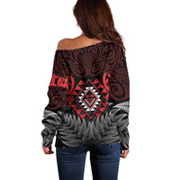 Aotearoa Kiwi Taniko Off Shoulder Sweater Silver Fern With Maori Koru Pattern
