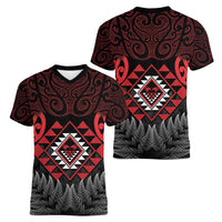 Aotearoa Kiwi Taniko Women V-Neck T-Shirt Silver Fern With Maori Koru Pattern LT14 - Polynesian Pride