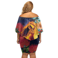 Hawaii Kilauea Big Islands Off Shoulder Short Dress Pele Goddess With Tropical Flowers