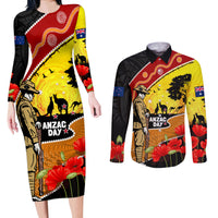 New Zealand And Australia ANZAC Day Couples Matching Long Sleeve Bodycon Dress and Long Sleeve Button Shirt Aboriginal Maori Starring Night Style LT14 Gold - Polynesian Pride