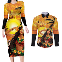 Aloha Hawaii Women's Day Couples Matching Long Sleeve Bodycon Dress and Long Sleeve Button Shirt Hula Girl With Sunset Vibes LT14 Yellow - Polynesian Pride