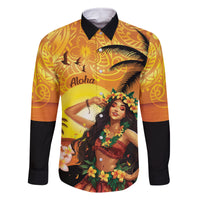 Aloha Hawaii Women's Day Family Matching Off Shoulder Long Sleeve Dress and Hawaiian Shirt Hula Girl With Sunset Vibes LT14 Dad's Shirt - Long Sleeve Yellow - Polynesian Pride