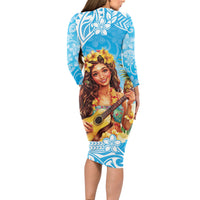 Aloha Hawaii Women's Day Long Sleeve Bodycon Dress Hula Girl With Ukulele Tropical Style LT14 - Polynesian Pride