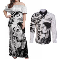 New Zealand Women's Day Couples Matching Off Shoulder Maxi Dress and Long Sleeve Button Shirt Aotearoa Kia Whakapumau Te Mana Wahine LT14 White - Polynesian Pride