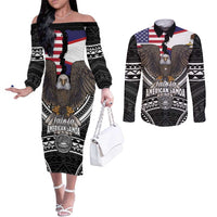 Talofa American Samoa Flag Day Couples Matching Off The Shoulder Long Sleeve Dress and Long Sleeve Button Shirt Bald Eagle Polynesian Tattoo