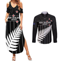 Custom New Zealand Silver Fern Cricket Couples Matching Summer Maxi Dress and Long Sleeve Button Shirt Aotearoa Maori Go Black Cap LT14 Black - Polynesian Pride