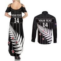 Custom New Zealand Silver Fern Cricket Couples Matching Summer Maxi Dress and Long Sleeve Button Shirt Aotearoa Maori Go Black Cap LT14 - Polynesian Pride