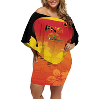 Custom Papua New Guinea Cricket Off Shoulder Short Dress 2024 Go PNG LT14 Women Black - Polynesian Pride