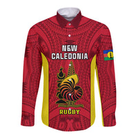 New Caledonia Rugby Long Sleeve Button Shirt Coat Of Arms Mix Polynesian Pattern LT14 Unisex Red - Polynesian Pride