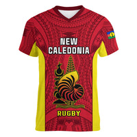 New Caledonia Rugby Women V Neck T Shirt Coat Of Arms Mix Polynesian Pattern LT14 Female Red - Polynesian Pride
