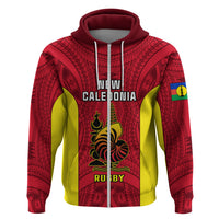 Custom New Caledonia Rugby Hoodie Coat of Arms Mix Polynesian Pattern LT14 Zip Hoodie Red - Polynesian Pride