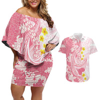 Pink Hawaii Shark Tattoo Couples Matching Off Shoulder Short Dress and Hawaiian Shirt Puakenikeni Lei Plumeria Polynesian Pattern
