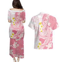 Pink Hawaii Shark Tattoo Couples Matching Puletasi and Hawaiian Shirt Puakenikeni Lei Plumeria Polynesian Pattern