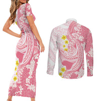 Pink Hawaii Shark Tattoo Couples Matching Short Sleeve Bodycon Dress and Long Sleeve Button Shirt Puakenikeni Lei Plumeria Polynesian Pattern