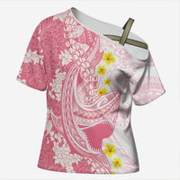 Pink Hawaii Shark Tattoo Cross Shoulder Shirt Puakenikeni Lei Plumeria Polynesian Pattern LT14 Female Pink - Polynesian Pride