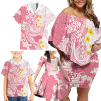 Pink Hawaii Shark Tattoo Family Matching Off Shoulder Short Dress and Hawaiian Shirt Puakenikeni Lei Plumeria Polynesian Pattern