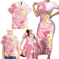 Pink Hawaii Shark Tattoo Family Matching Short Sleeve Bodycon Dress and Hawaiian Shirt Puakenikeni Lei Plumeria Polynesian Pattern