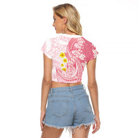 Pink Hawaii Shark Tattoo Raglan Cropped T Shirt Puakenikeni Lei Plumeria Polynesian Pattern LT14 - Polynesian Pride
