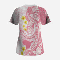 Pink Hawaii Shark Tattoo Scrub Top Puakenikeni Lei Plumeria Polynesian Pattern LT14 - Polynesian Pride
