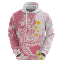 Pink Hawaii Shark Tattoo Zip Hoodie Puakenikeni Lei Plumeria Polynesian Pattern LT14 - Polynesian Pride