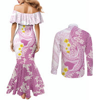 Purple Hawaii Shark Tattoo Couples Matching Mermaid Dress and Long Sleeve Button Shirt Puakenikeni Lei Plumeria Polynesian Pattern