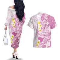 Purple Hawaii Shark Tattoo Couples Matching Off The Shoulder Long Sleeve Dress and Hawaiian Shirt Puakenikeni Lei Plumeria Polynesian Pattern